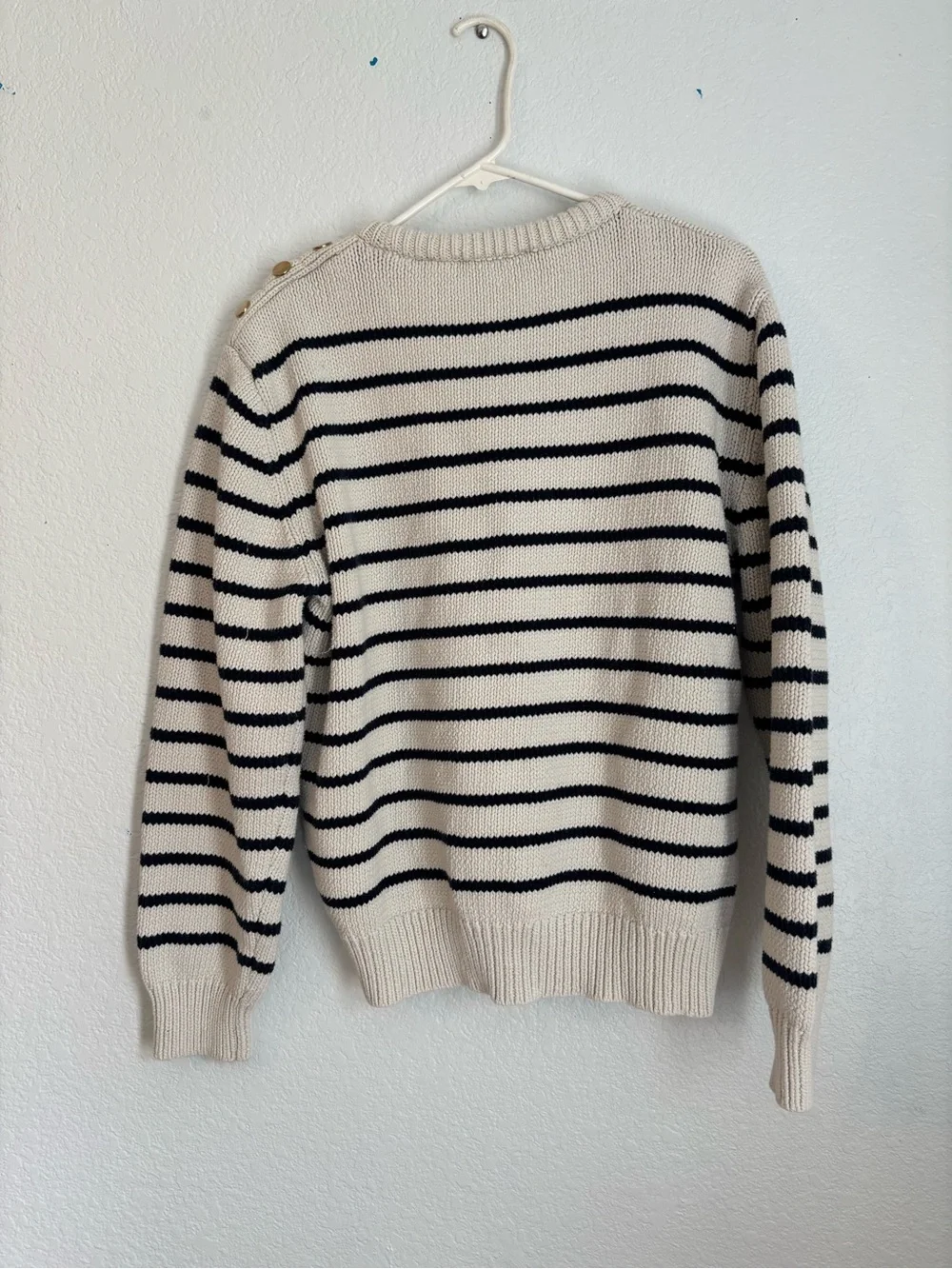 Zara Beige/Black Striped Knit Pullover Sweater XL Crew Neck Shoulder Buttons